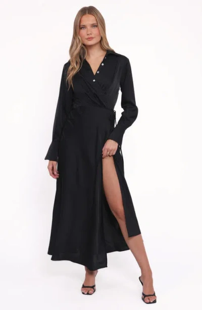 Petal And Pup Petal & Pup Verna Long Sleeve Wrap Maxi Shirtdress In Black