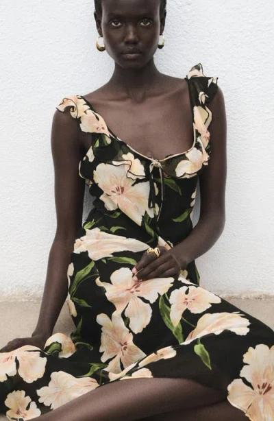 Mango Floral Print Ruffle Dress In Black