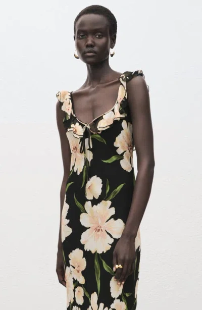 Mango Floral Print Ruffle Dress In Black