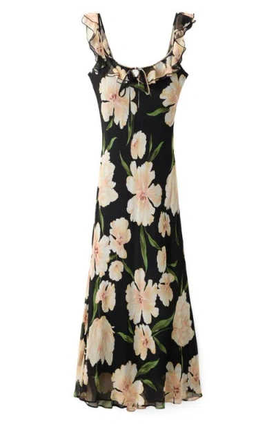 Mango Floral Print Ruffle Dress In Black