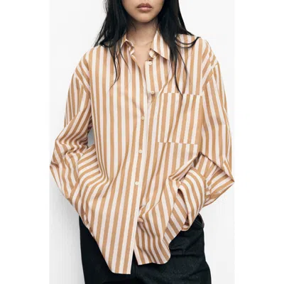 Mango Oversize Striped Shirt Off White In Nude