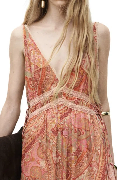 Mango Paisley-print Dress With Lace Trim Brown In Multi