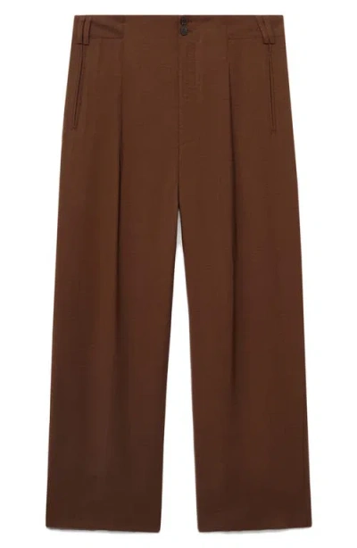 Mango Pleated Wide Leg Pull-on Pants In Brown