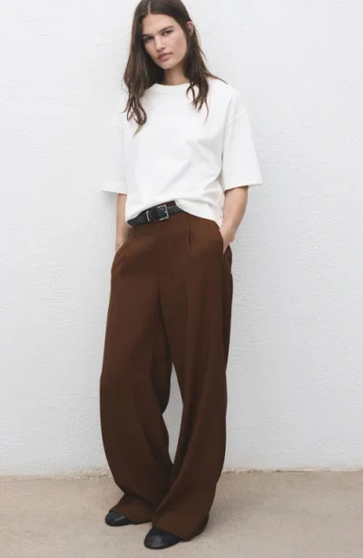 Mango Pleated Wide Leg Pull-on Pants In Brown