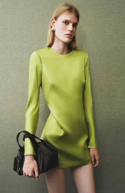 Mango Satin Open Back Long Sleeve Mini Dress In Green