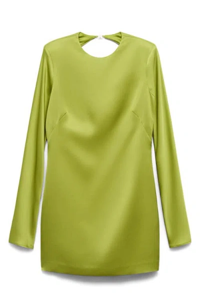 Mango Satin Open Back Long Sleeve Mini Dress In Green