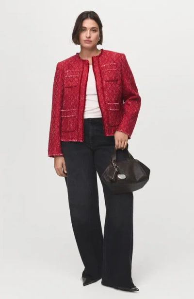 Mango Frayed Tweed Jacket In Red