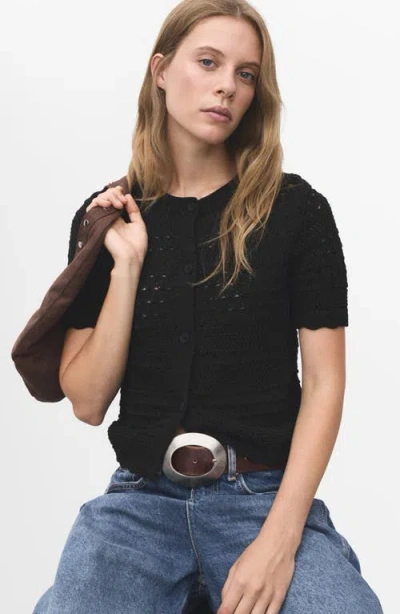 Mango Open Stitch Short Sleeve Cotton Cardigan In Black
