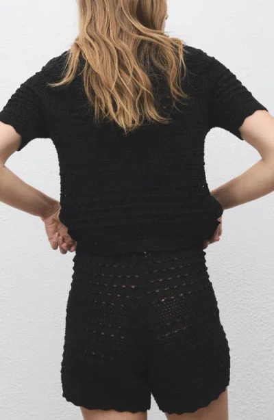Mango Open Stitch Short Sleeve Cotton Cardigan In Black