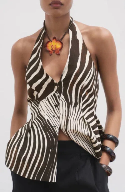 Mango Zebra Print Linen & Cotton Halter Vest In Brown