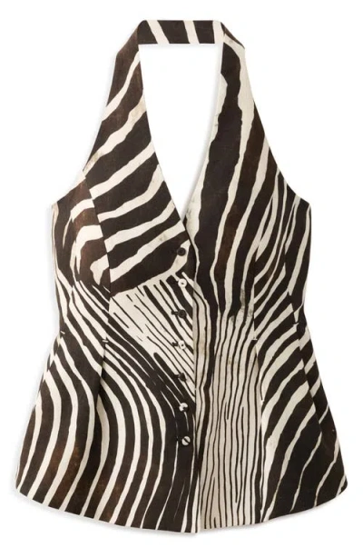 Mango Zebra Print Linen & Cotton Halter Vest In Brown