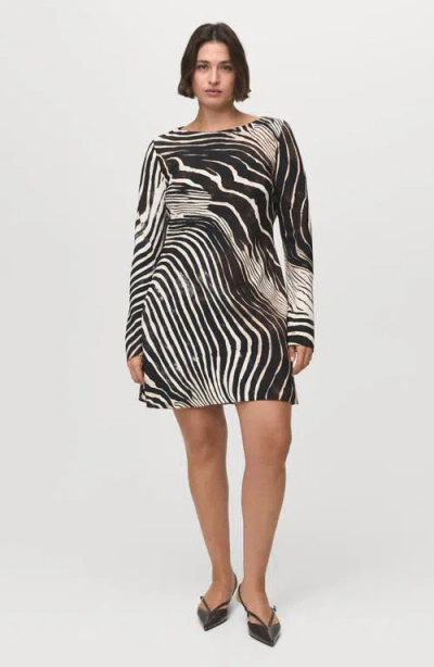 Mango Zebra Print Long Sleeve Dress In Black