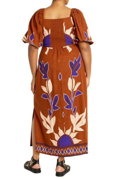 City Chic Botantical Print Twist Cutout Puff Sleeve Dress In Brown
