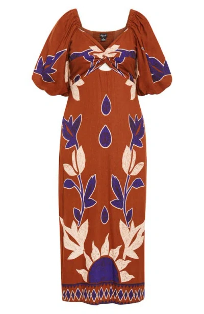City Chic Botantical Print Twist Cutout Puff Sleeve Dress In Brown