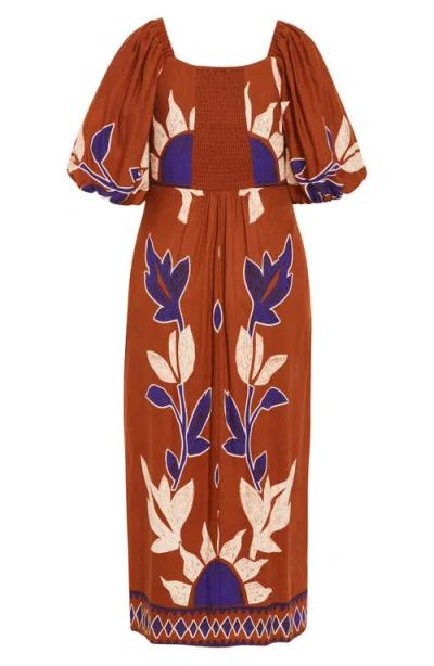 City Chic Botantical Print Twist Cutout Puff Sleeve Dress In Brown