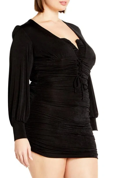 City Chic Maren Long Sleeve Lace-up Crop Top In Black