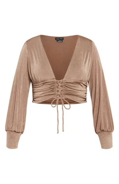 City Chic Maren Long Sleeve Lace-up Crop Top In Neutral