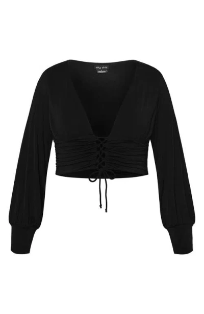 City Chic Maren Long Sleeve Lace-up Crop Top In Black