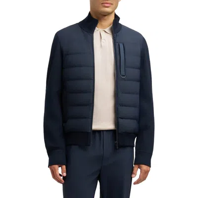 Moose Knuckles Blue Cardigan With Knitted Inserts And Logo Patch On Sleeve In Wool And Tech Fabric Blend Man In Blue