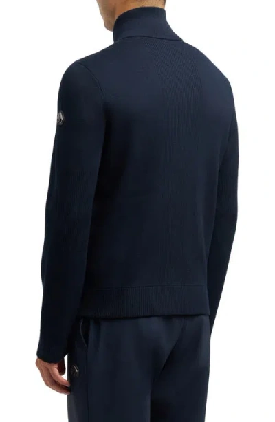 Moose Knuckles Blue Cardigan With Knitted Inserts And Logo Patch On Sleeve In Wool And Tech Fabric Blend Man In Blue