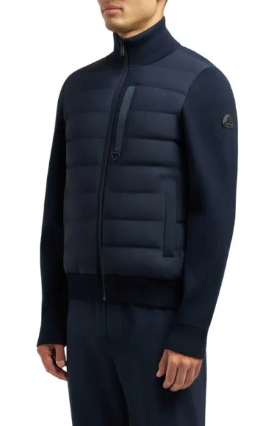 Moose Knuckles Blue Cardigan With Knitted Inserts And Logo Patch On Sleeve In Wool And Tech Fabric Blend Man In Blue