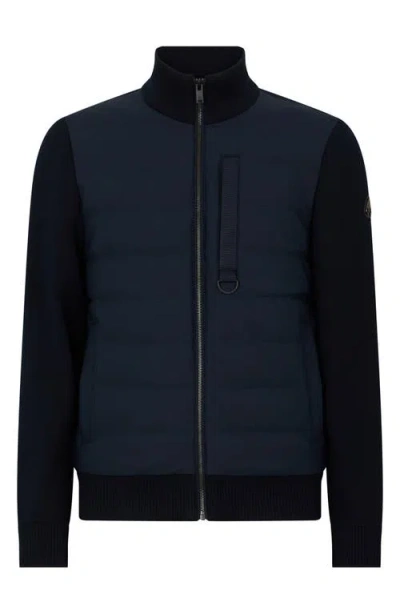 Moose Knuckles Blue Cardigan With Knitted Inserts And Logo Patch On Sleeve In Wool And Tech Fabric Blend Man In Blue