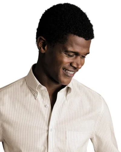 Charles Tyrwhitt Slim Fit Button-down Collar Non-iron Stretch Stripe Oxford Shirt In Brown