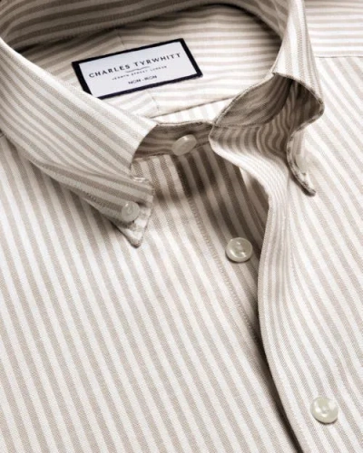 Charles Tyrwhitt Slim Fit Button-down Collar Non-iron Stretch Stripe Oxford Shirt In Brown