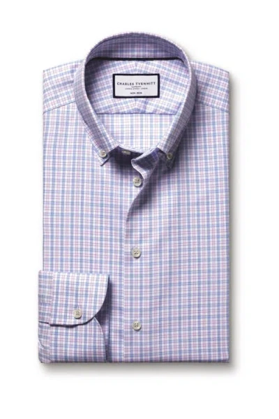 Charles Tyrwhitt Check Non-iron Button-down Oxford Slim Fit Shirt Single Cuff In Purple