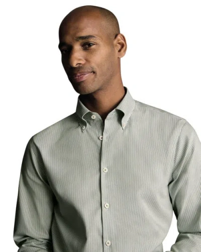 Charles Tyrwhitt Stripe Non-iron Button-down Oxford Slim Fit Shirt Single Cuff In Green