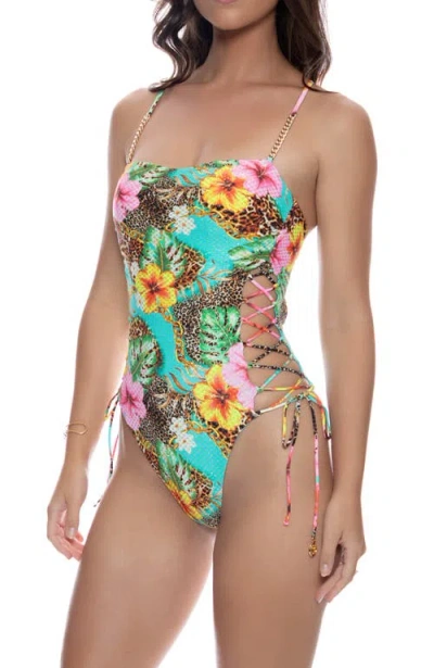 Luli Fama Chain Square Neck Laced Up One Piece In Multi