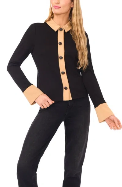 Cece Crystal Button Knit Button-up Shirt In Black