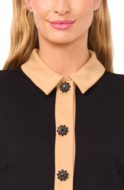 Cece Crystal Button Knit Button-up Shirt In Black