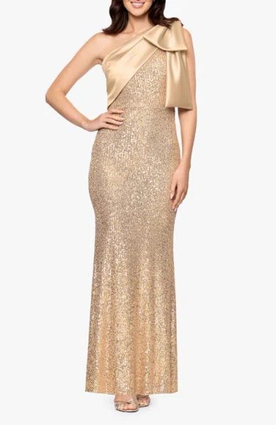 Betsy & Adam Sequin Bow One-shoulder Column Gown In Gold