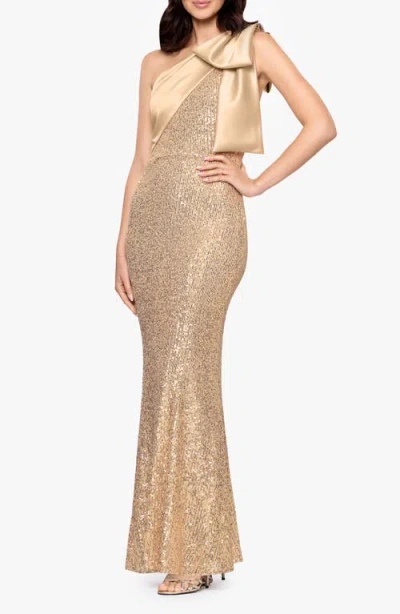 Betsy & Adam Sequin Bow One-shoulder Column Gown In Gold