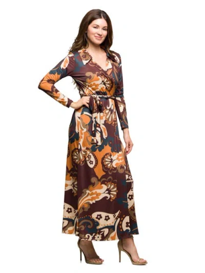 24seven Comfort Apparel Women's Brown Paisley Belt Waist Maxi Dress In Multi