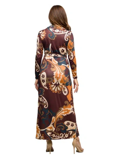 24seven Comfort Apparel Women's Brown Paisley Belt Waist Maxi Dress In Multi