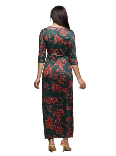 24seven Comfort Apparel Floral Print Three Quarter Sleeve Side Slit Maxi Dress In Green
