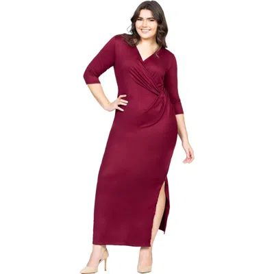 24seven Comfort Apparel Fitted V-neck Side Slit Maxi Dress In Red