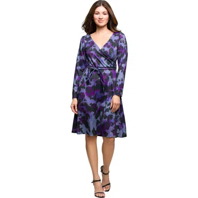24seven Comfort Apparel Long Sleeve Wrap Dress With Belt Print In Purple