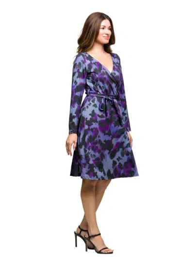 24seven Comfort Apparel Long Sleeve Wrap Dress With Belt Print In Purple