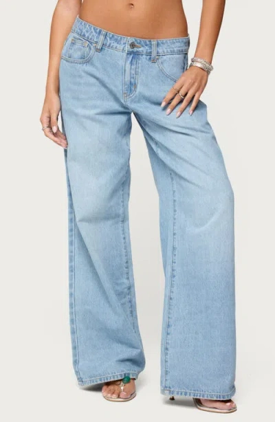 Edikted Mirra Embroidered Flower Low Rise Light Rinse Jeans In Blue