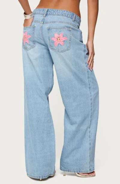 Edikted Mirra Embroidered Flower Low Rise Light Rinse Jeans In Blue