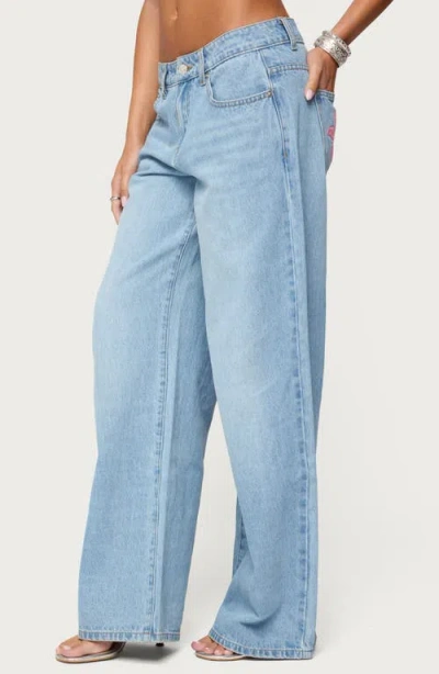 Edikted Mirra Embroidered Flower Low Rise Light Rinse Jeans In Blue