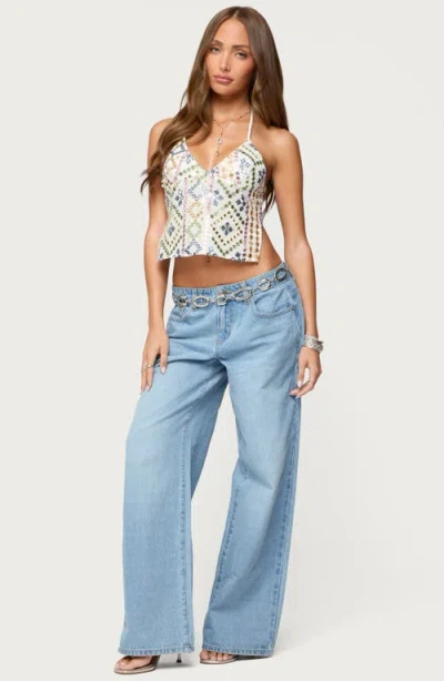 Edikted Mirra Embroidered Flower Low Rise Light Rinse Jeans In Blue