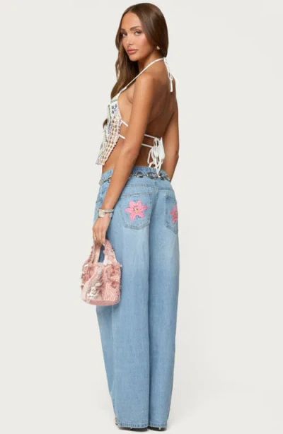 Edikted Mirra Embroidered Flower Low Rise Light Rinse Jeans In Blue