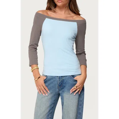 Edikted Keri Contrast Off The Shoulder Raglan Cotton Top In Blue