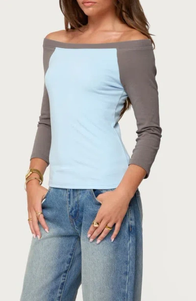 Edikted Keri Contrast Off The Shoulder Raglan Cotton Top In Blue