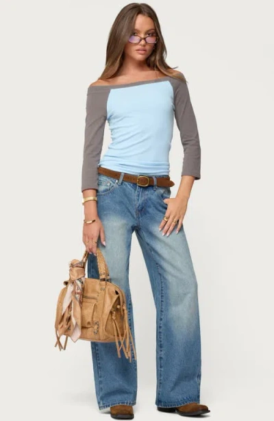 Edikted Keri Contrast Off The Shoulder Raglan Cotton Top In Blue