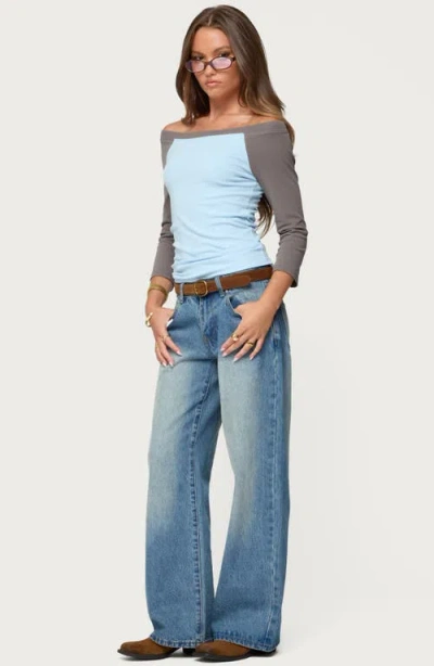 Edikted Keri Contrast Off The Shoulder Raglan Cotton Top In Blue